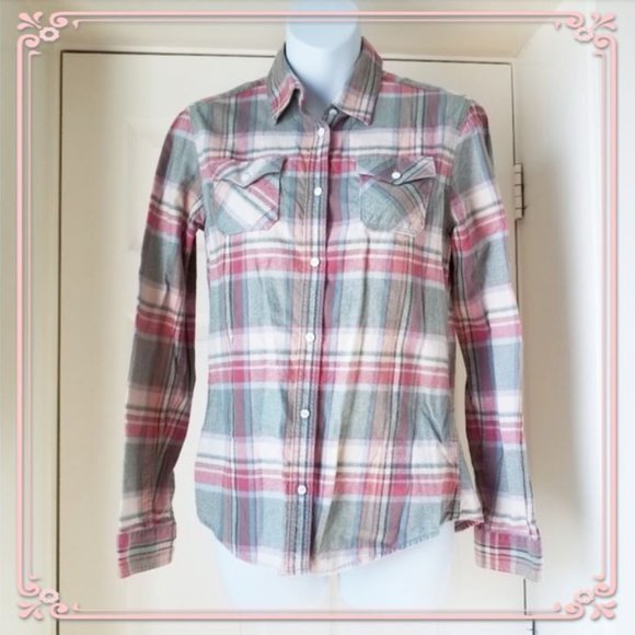 Tops - 3/20 Pastel Thick Pink Green Plaid Button Down